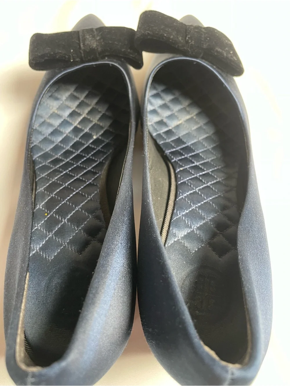 Tory Burch Navy Satin Pointed Flats with Black Velvet Bow